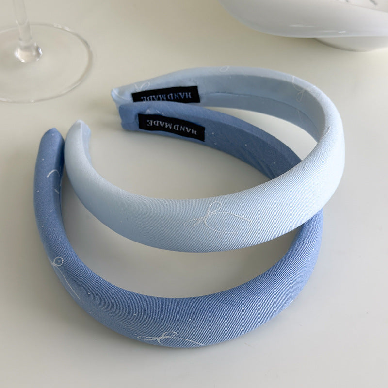 E廠-海鹽藍色系~法式蝴蝶結印花布藝寬邊髮箍清爽百搭高顱頂海綿頭箍「27043」25.06-1