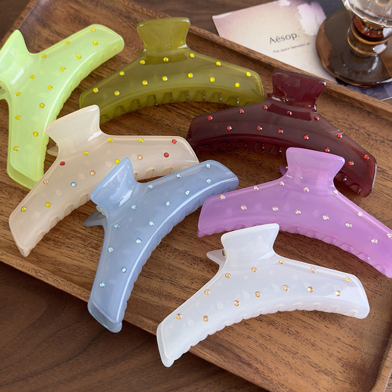 E廠-韓版髮飾頭飾氣質甜美清透感鑲鑽壓克力抓夾髮抓春夏彩色樹脂抓夾「27015」25.05-5