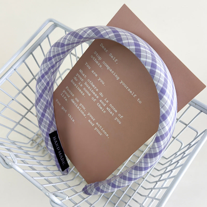 E廠-仙女紫~紫色格子純色髮箍女2025新款外出百搭高顱頂洋氣髮卡頭箍「26883」25.05-1