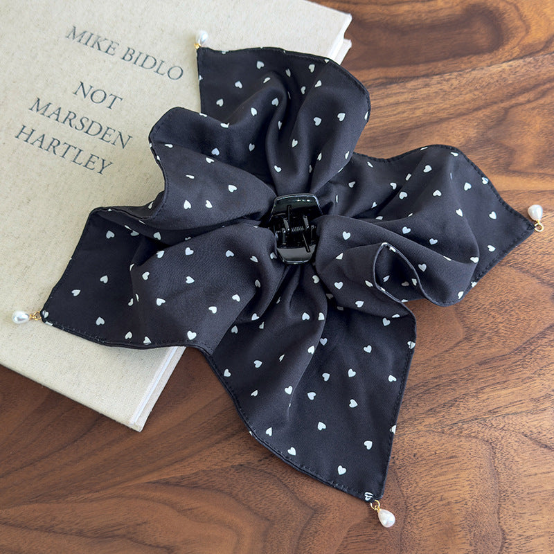 E廠-愛心波點吊珠抓夾女大號方巾馬尾夾優雅氣質後腦勺髮夾子半扎髮飾「27100」25.06-3