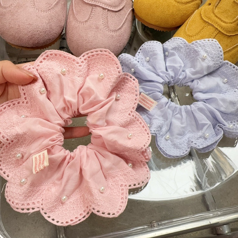 E廠-韓國小清新珍珠刺繡蕾絲大腸髮圈2025新款扎馬尾氣質髮飾丸子頭繩「27076」25.06-3