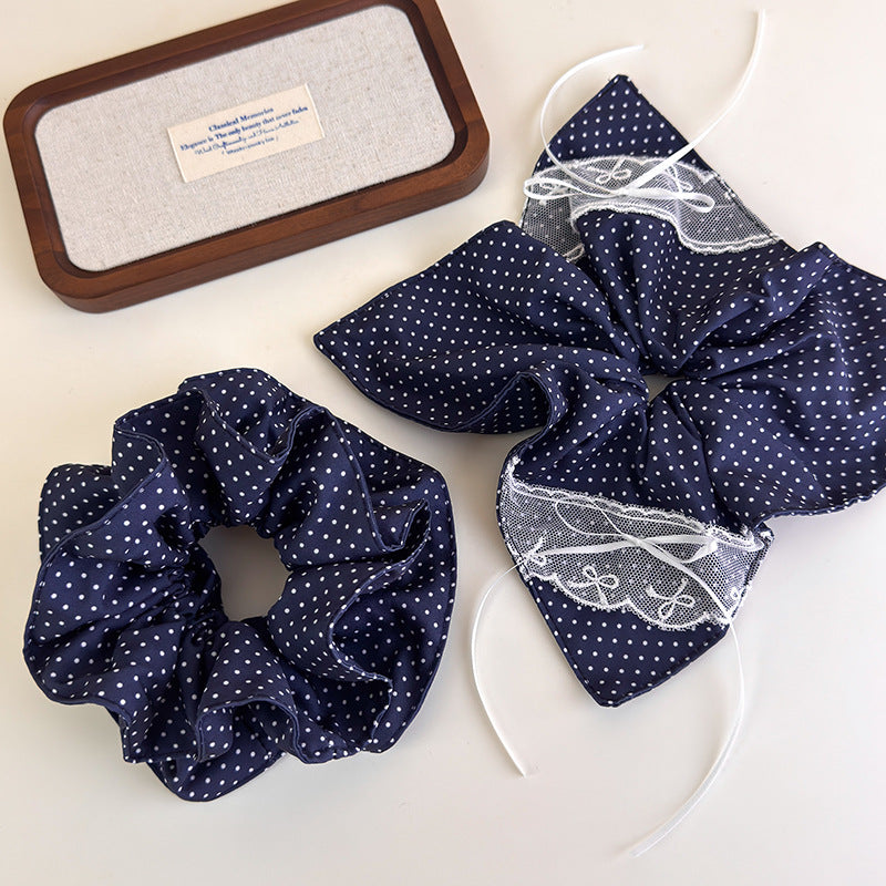 E廠-復古藏藍布藝小波點髮圈韓版流行時尚溫柔學院風丸子頭髮繩頭繩「27338」25.08-3