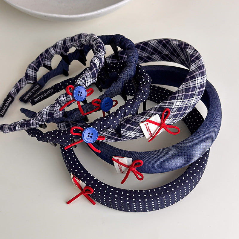 E廠-復古英倫學院風格紋帶齒髮箍藍紅蝴蝶結紐扣高顱頂頭箍海綿頭箍「27360」25.08-4