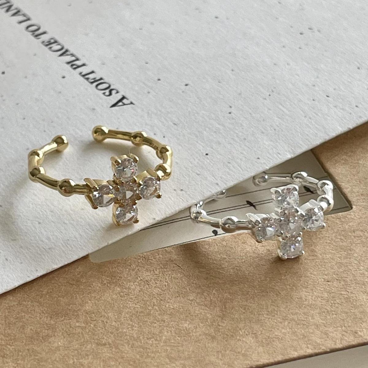 F廠-韓國韓版 925純銀白鑽十字架戒金色戒簡約百搭INS網紅小眾戒指「J940」25.03-4