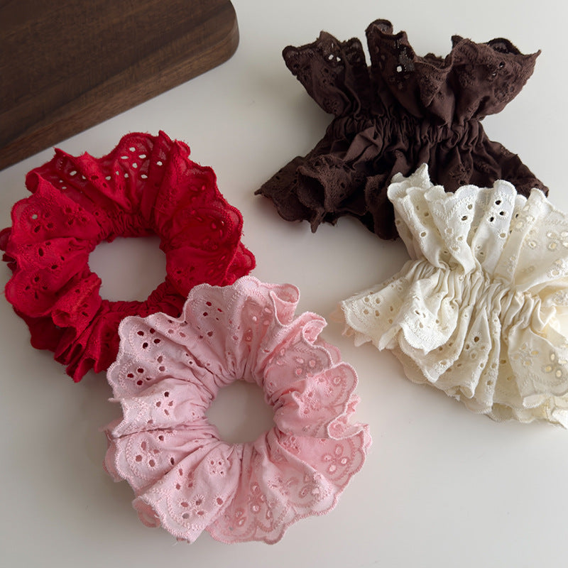 E廠-趙露思同款白色紅色蕾絲大腸髮圈女韓系高級感頭繩頭花髮飾頭飾「27091」25.06-3