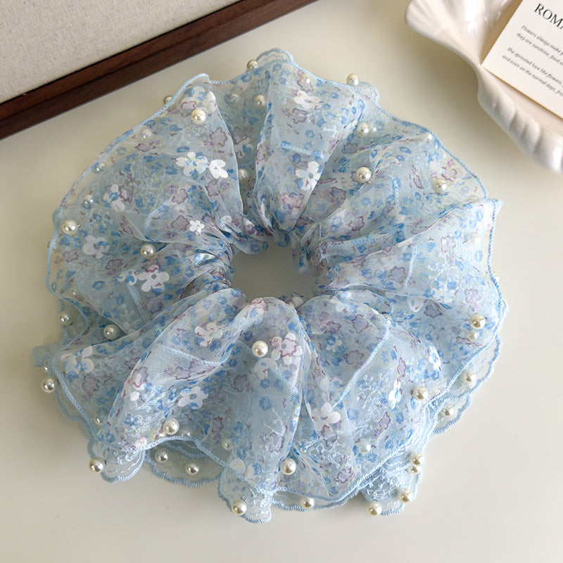 E廠-超仙蕾絲花朵珍珠大腸髮圈女高端大腸頭繩耐用皮筋精緻扎頭髮髮飾「27127」25.06-4