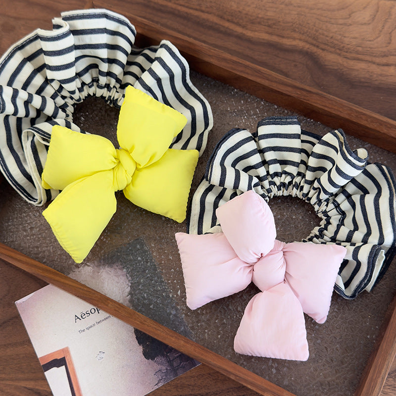 E廠-可愛麵包蝴蝶結條紋大腸圈韓系少女丸子頭皮筋充棉髮圈2025髮飾品「26918」25.05-3