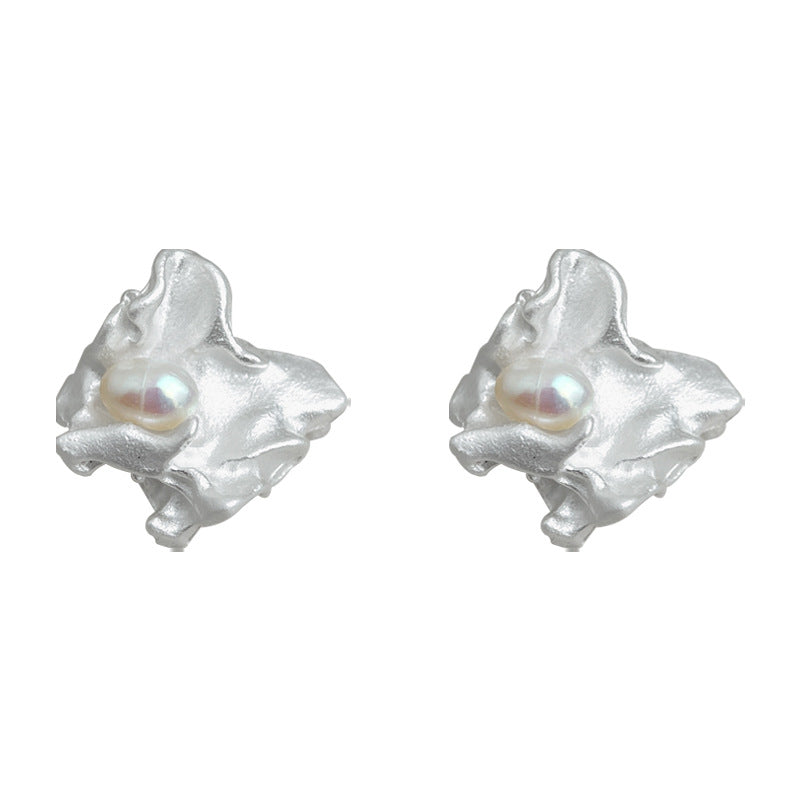 A廠-煙雨小眾設計誇張不規則淡水珍珠液態銀色個性新耳飾工廠耳環女「6852」25.10-3