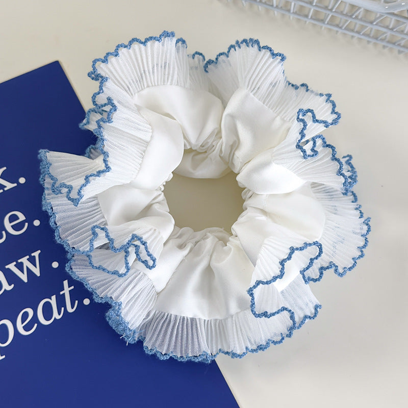 E廠-藍色系格子大腸髮圈雙層蕾絲花邊丸子頭馬尾髮繩甜美小清新髮飾「26437 26844」25.05-1