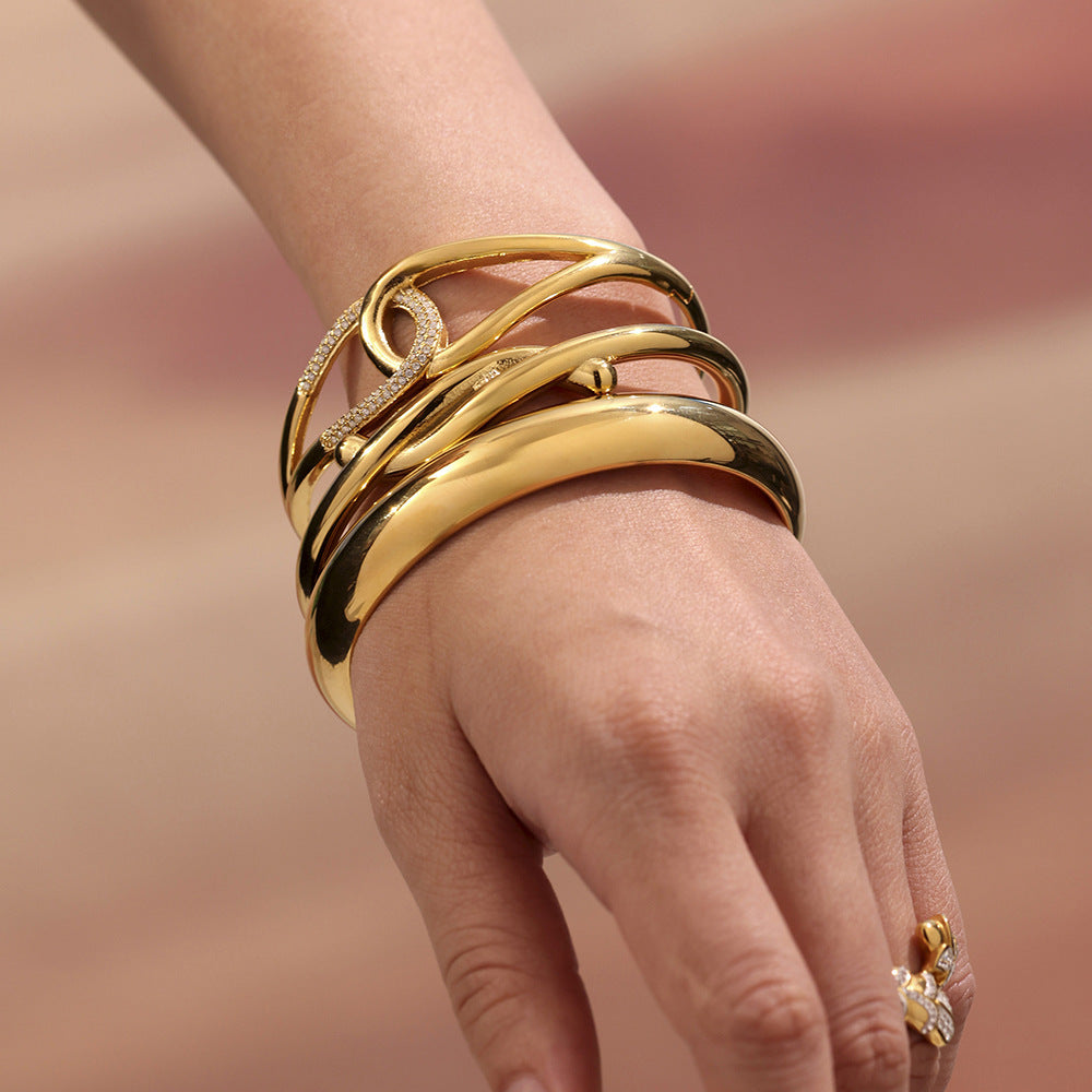 B廠-歐美簡約設計感不鏽鋼雙環卡扣鋯石手鐲女18k鍍真金不掉色「Z460」25.07-2