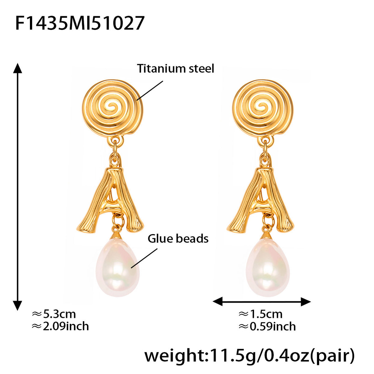 B廠-不鏽鋼螺紋A字母仿珍珠流蘇吊墜耳環鍍18k真金珠寶首飾批發「F1435」25.10-5