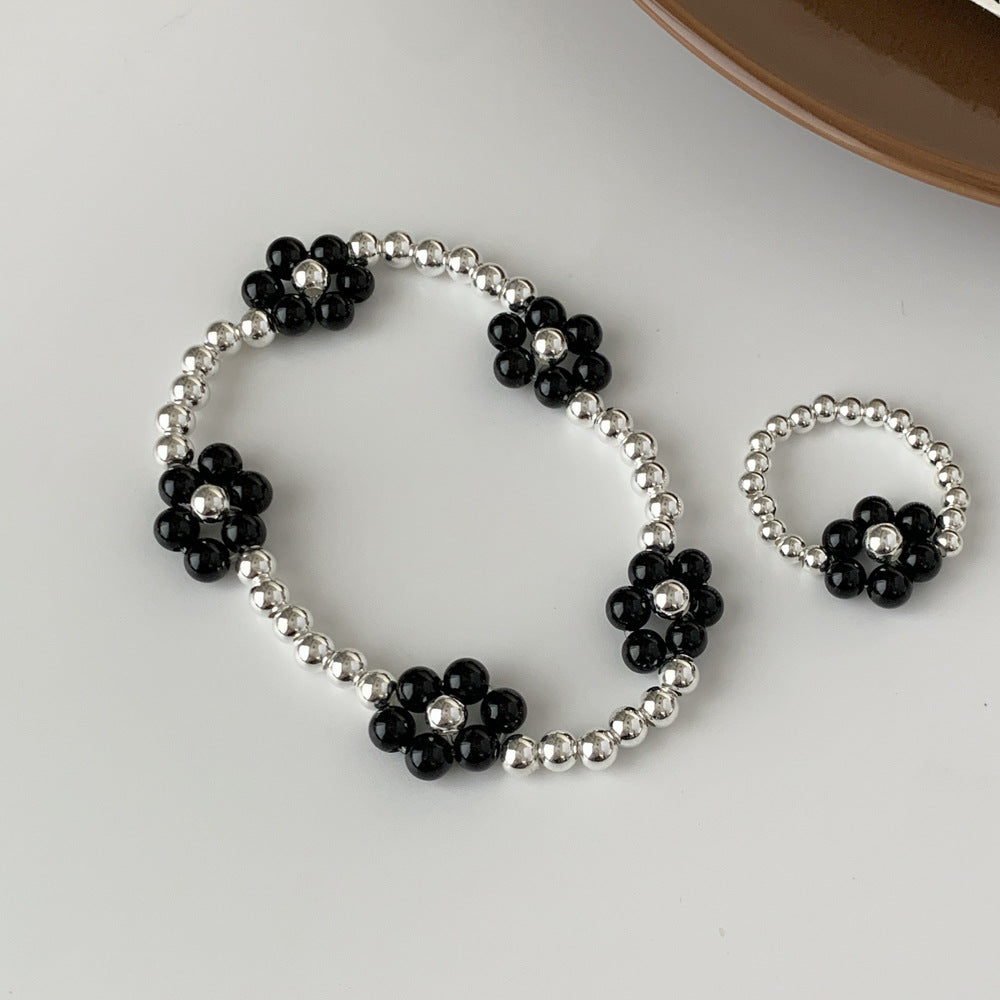 C廠-韓式個性甜美小清新S925純銀圓珠黑瑪瑙花朵彈力繩手鍊戒指通體銀「JA64-SD43」25.04-3