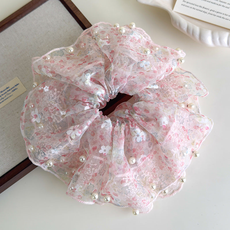 E廠-超仙蕾絲花朵珍珠大腸髮圈女高端大腸頭繩耐用皮筋精緻扎頭髮髮飾「27127」25.06-4