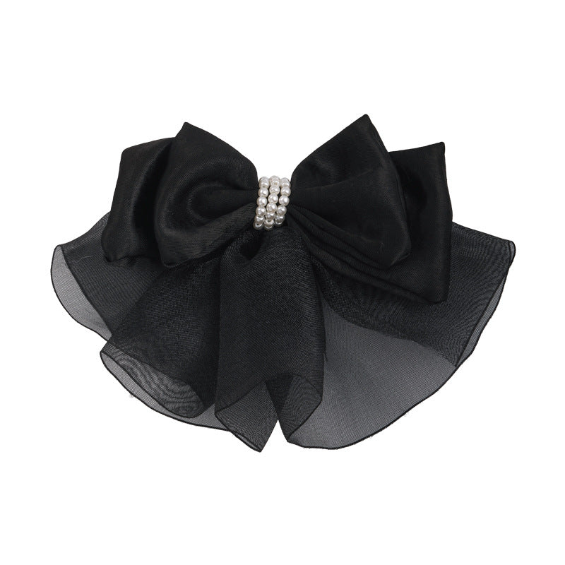 E廠-緞面歐根紗蝴蝶結頂夾後腦勺彈簧夾仙氣飄飄氣質髮夾珍珠夾子頭飾「27155」25.07-1