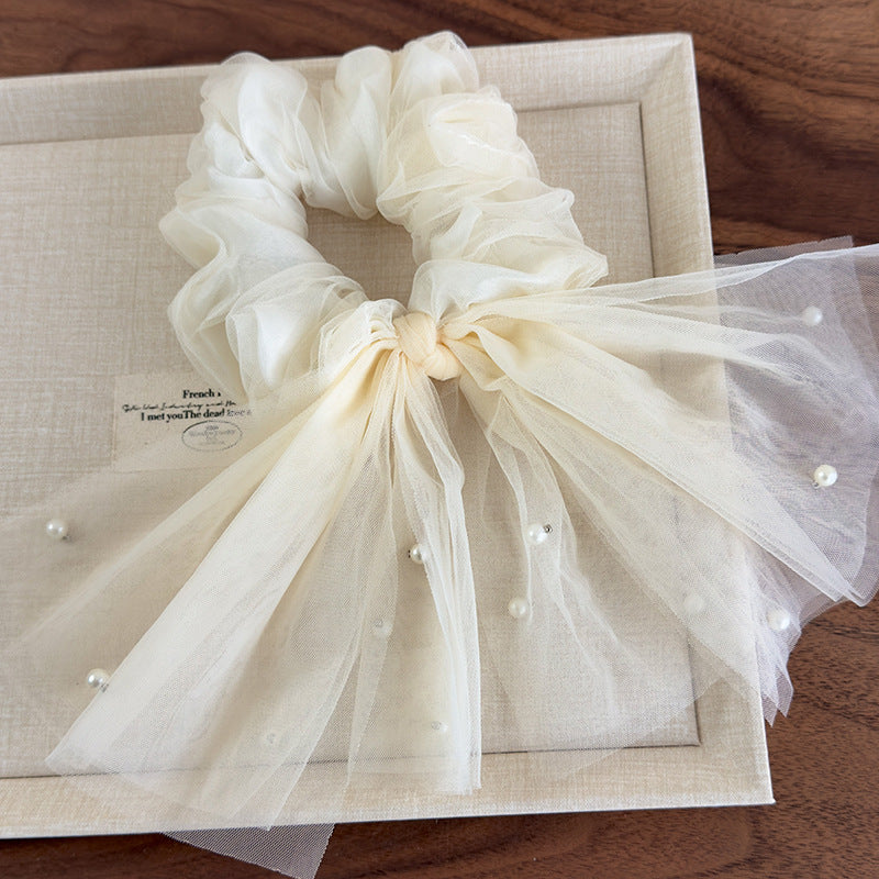 E廠-仙飄逸春夏新款韓國網紗釘珍珠魚尾飄帶大腸圈髮圈甜美馬尾頭繩「26885」25.05-1