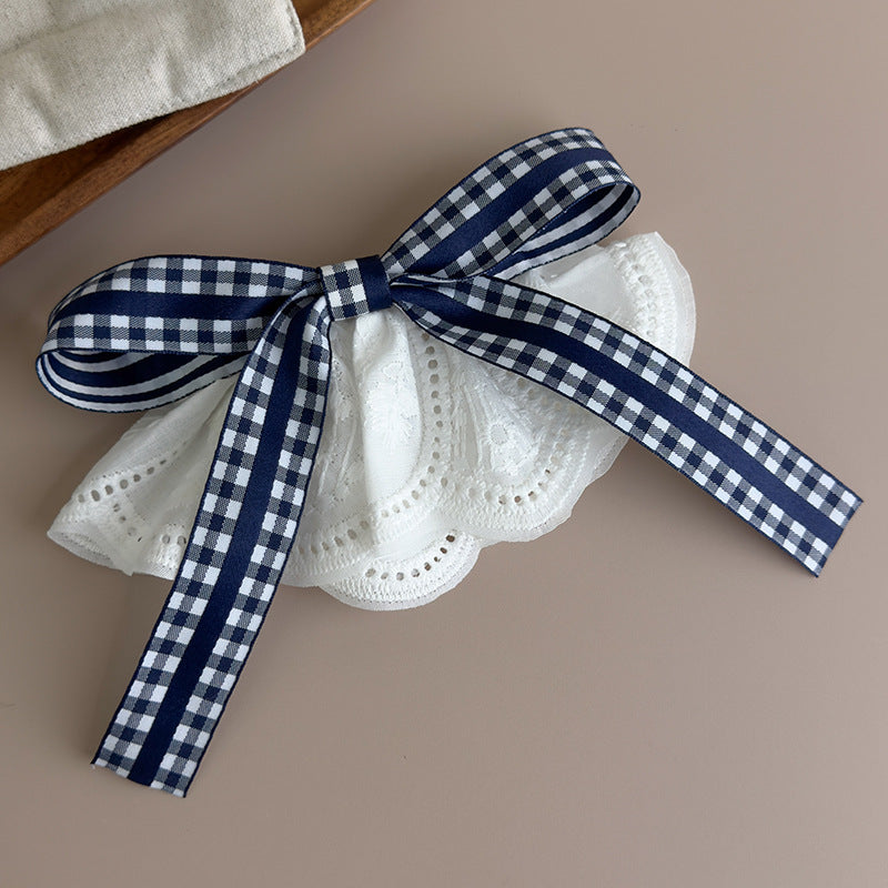 E廠-韓國氣質白色裙邊藏青色格子蝴蝶結髮夾飄帶頂夾女2025新款彈簧夾「27089」25.06-3