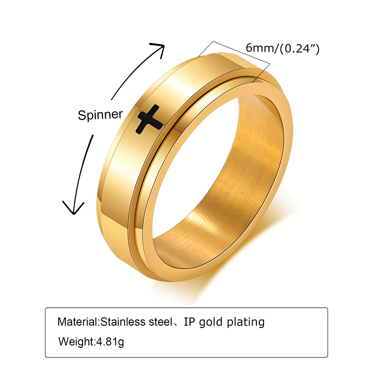 G廠-鏽鋼鐳射腐蝕十字可轉動旋轉戒指黑色男士 食指首飾批發「R-589」25.08-4