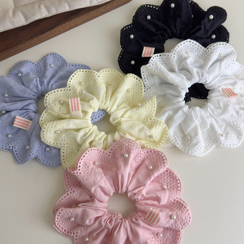 E廠-韓國小清新珍珠刺繡蕾絲大腸髮圈2025新款扎馬尾氣質髮飾丸子頭繩「27076」25.06-3