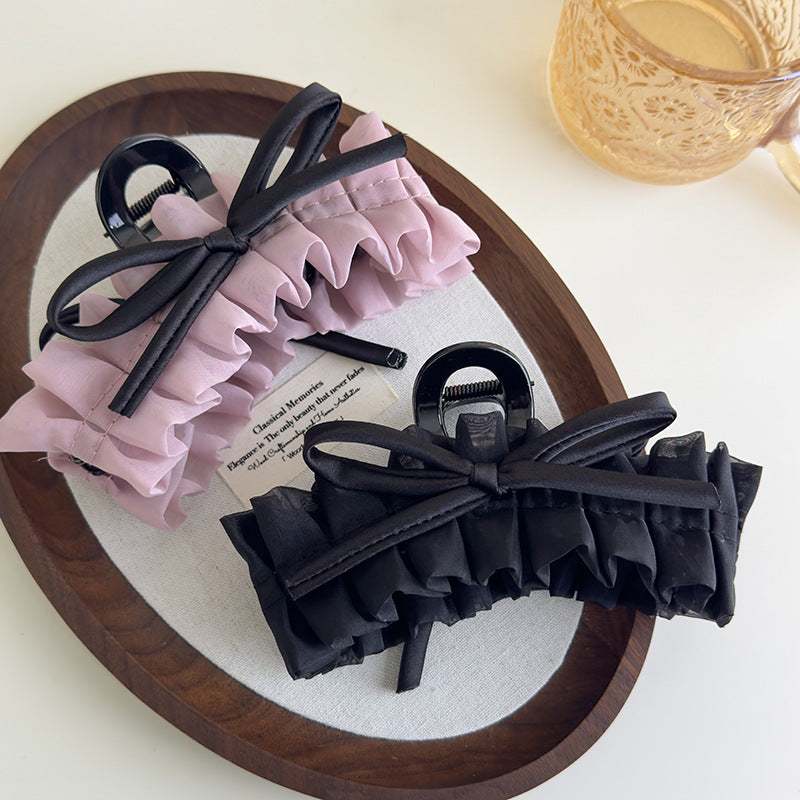 E廠-韓系復古法式褶皺裙擺蝴蝶結髮抓甜美小眾高級氛圍感抓夾髮飾頭飾「27116」25.06-4