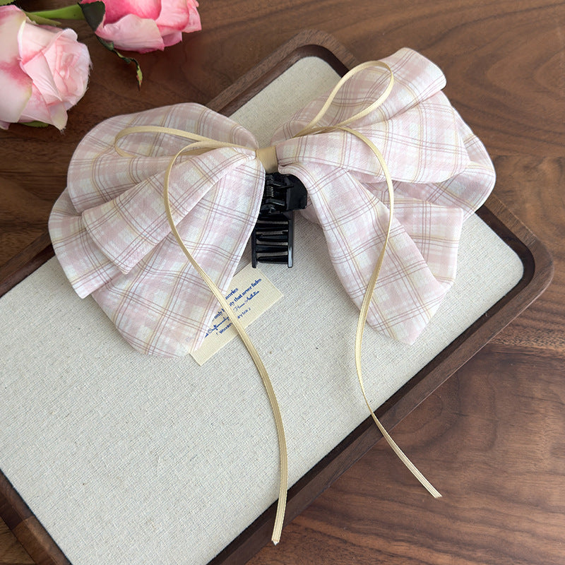 E廠-2025新款甜美格子蝴蝶結絲巾馬尾夾後腦勺夾子頭飾高級感髮飾抓夾「27132」25.06-4