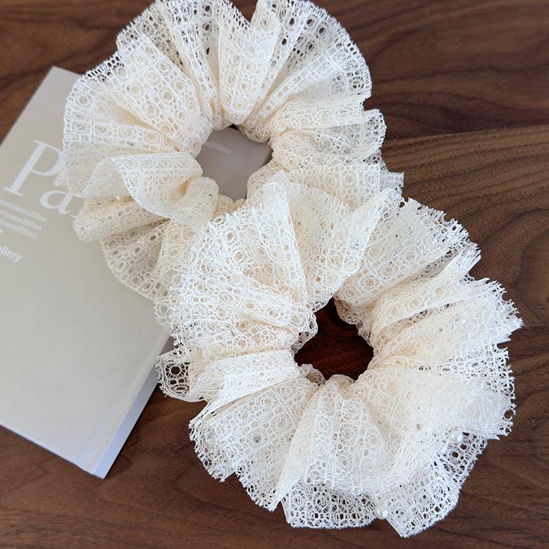 E廠-溫柔珍珠蕾絲大腸髮圈高品質釘珠工藝氣質手作優雅髮繩髮飾新款「26748」25.04-1