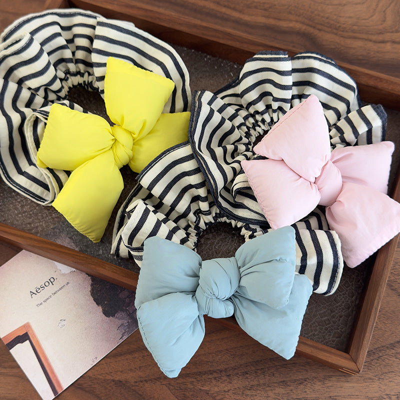 E廠-可愛麵包蝴蝶結條紋大腸圈韓系少女丸子頭皮筋充棉髮圈2025髮飾品「26918」25.05-3