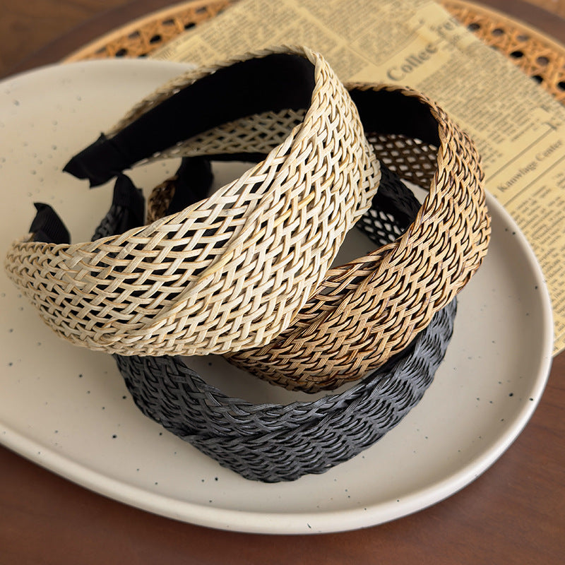 E廠-法式波西米亞風草編交叉髮箍女森系復古寬邊個性壓髮頭箍髮捆髮飾「27031」25.05-5