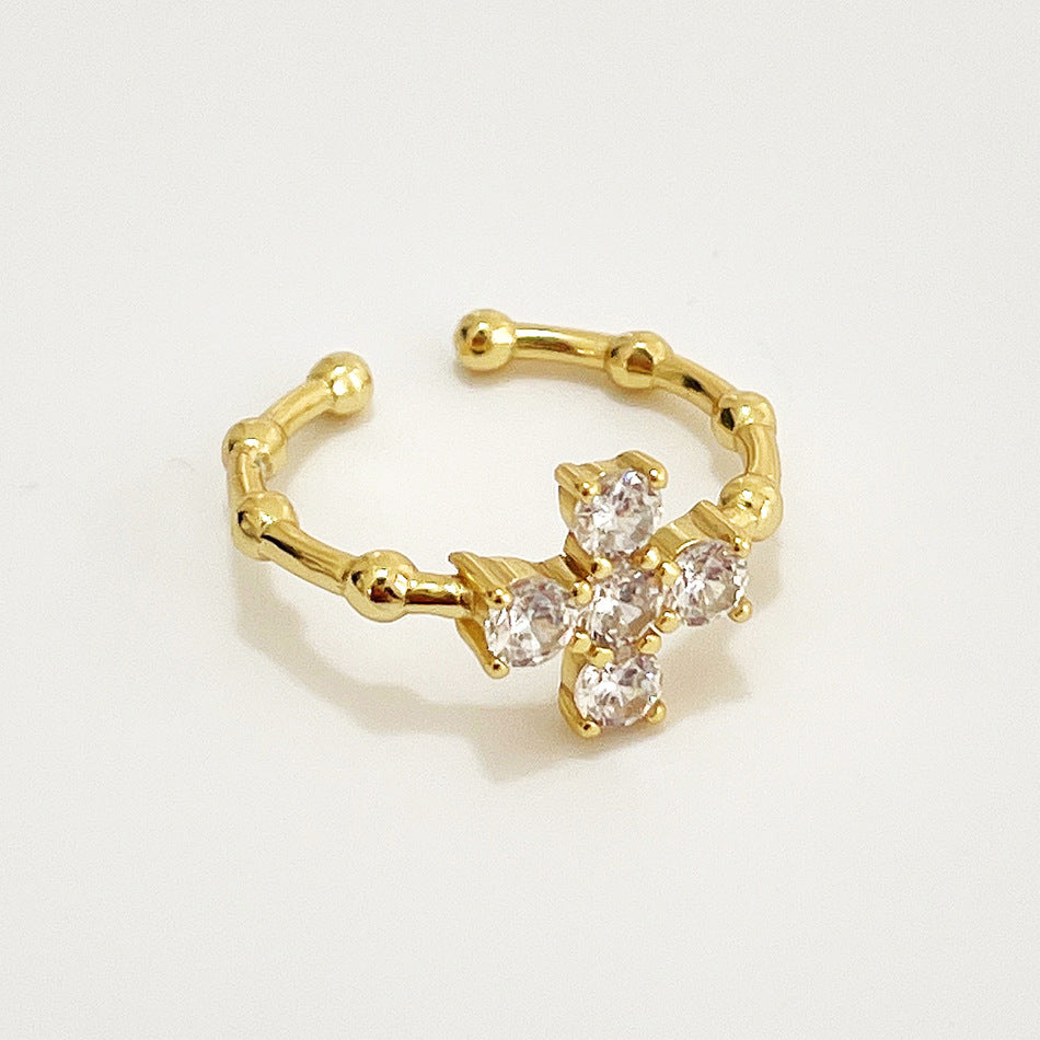 F廠-韓國韓版 925純銀白鑽十字架戒金色戒簡約百搭INS網紅小眾戒指「J940」25.06-2