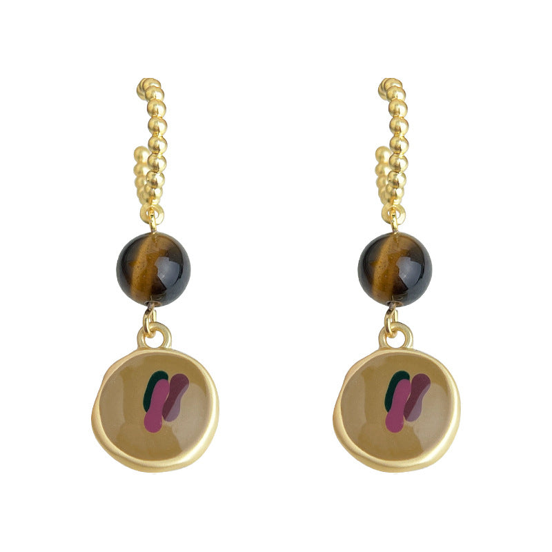 A廠-油畫風文藝復古天然石虎眼石琺瑯滴釉彩繪幾何長耳飾秋冬耳環女「6872」25.10-1