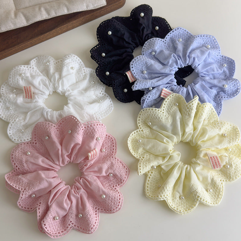 E廠-韓國小清新珍珠刺繡蕾絲大腸髮圈2025新款扎馬尾氣質髮飾丸子頭繩「27076」25.06-3