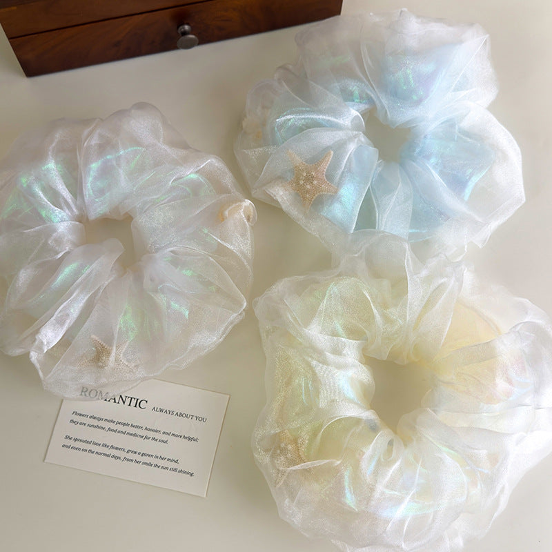 E廠-夏日海洋溫柔網紗雙層海星貝殼大腸髮圈大號丸子頭髮飾扎頭髮皮筋「27042」25.06-1