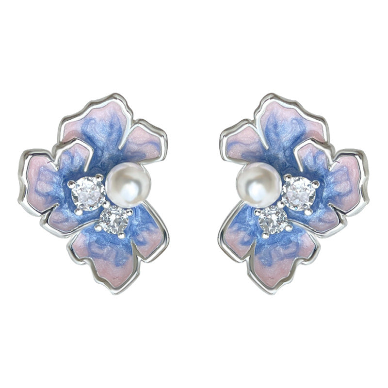 A廠-【鳶尾花系列】~原創925銀針微鑲鋯石琺瑯滴釉彩繪花朵耳環耳飾女「6863」25.10-1