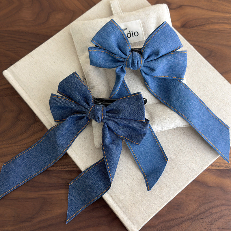 E廠-韓系時髦牛仔飄帶蝴蝶結髮夾簡約高級感後腦勺大號鴨嘴夾甜美髮飾「27096」25.06-3