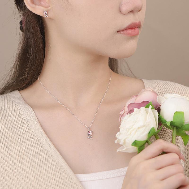 D廠-原創S999足銀心綻鬱金香套裝甜美風獨特溫柔氣質鎖骨鏈批發「YC7035E_1 YC1957N_1」25.04-2