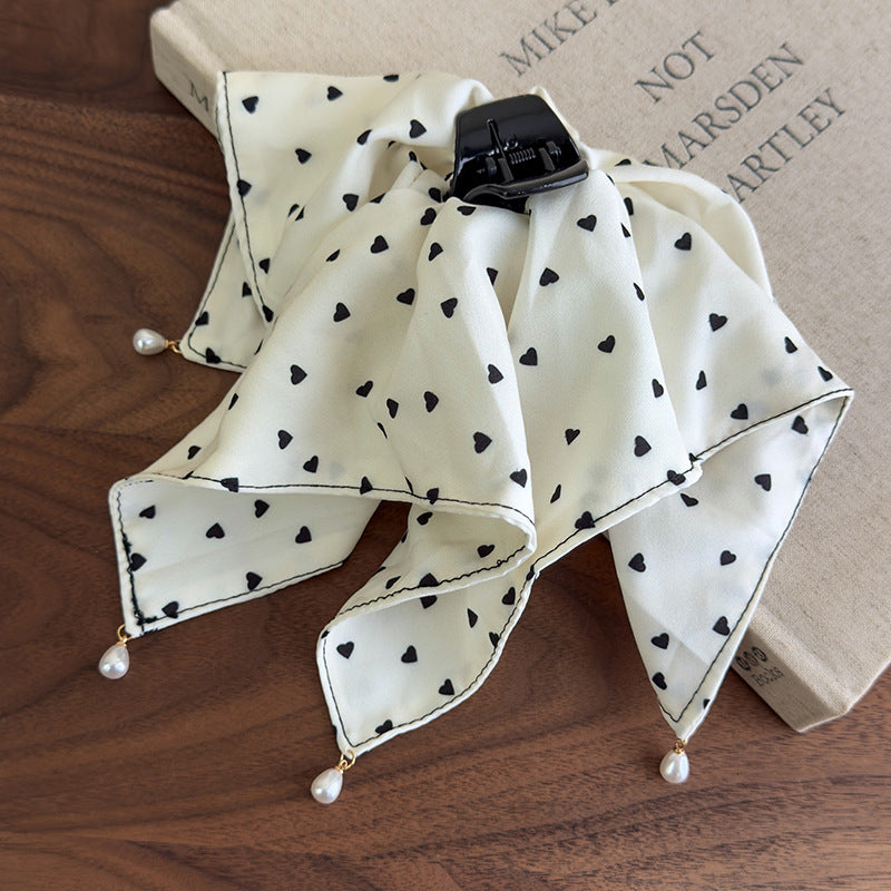 E廠-愛心波點吊珠抓夾女大號方巾馬尾夾優雅氣質後腦勺髮夾子半扎髮飾「27100」25.06-3