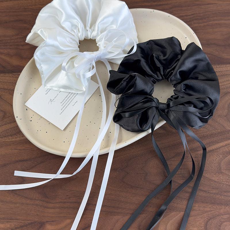 E廠-芭蕾風白色緞面蝴蝶結長飄帶大腸髮圈女馬尾扎頭髮皮筋高級感髮飾「26629」25.03-2