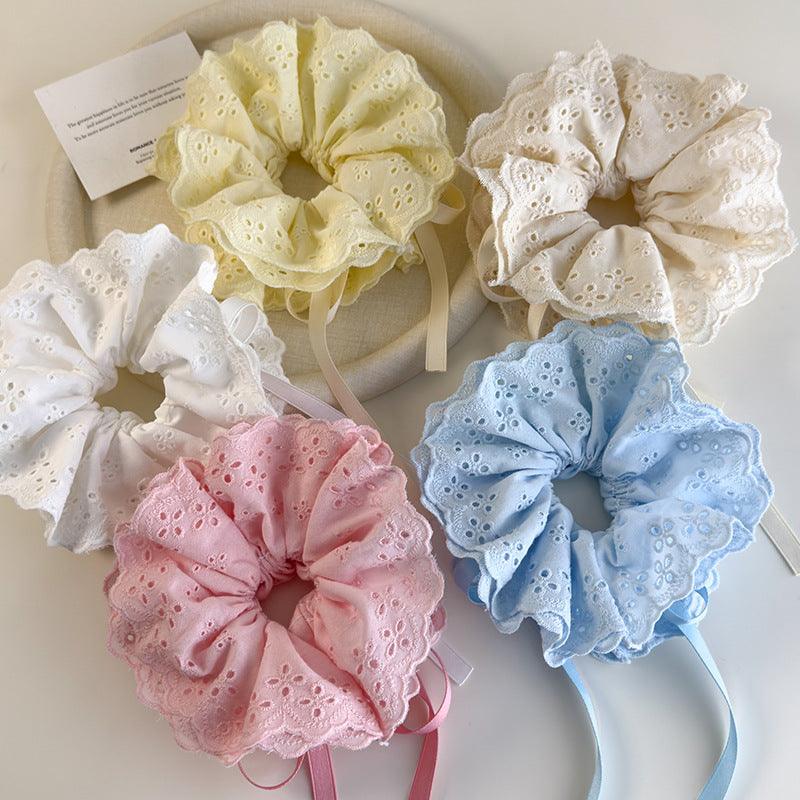 E廠-糖果色四層蕾絲抽繩大腸髮圈女春夏氛圍感頭花可愛少女綁頭繩髮繩「26761」25.04-1