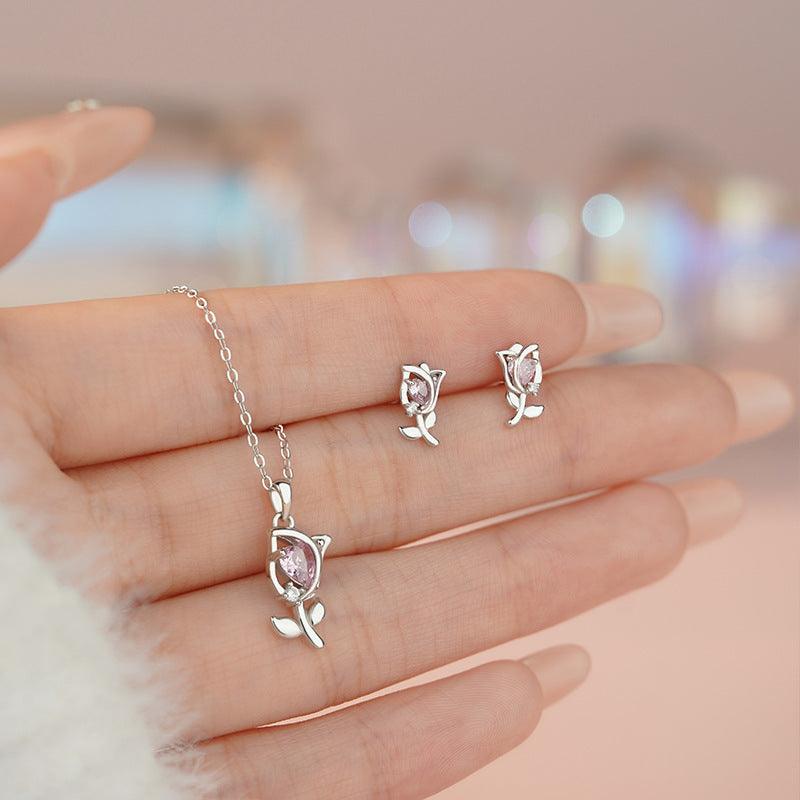 D廠-原創S999足銀心綻鬱金香套裝甜美風獨特溫柔氣質鎖骨鏈批發「YC7035E_1 YC1957N_1」25.04-2