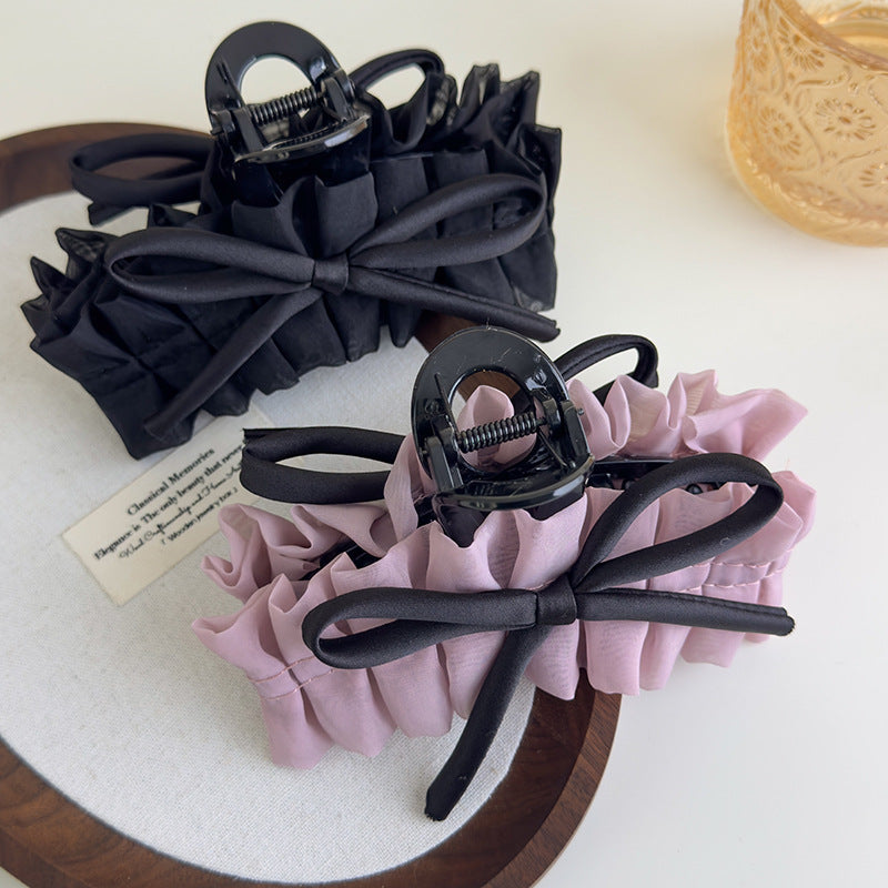 E廠-韓系復古法式褶皺裙擺蝴蝶結髮抓甜美小眾高級氛圍感抓夾髮飾頭飾「27116」25.06-4