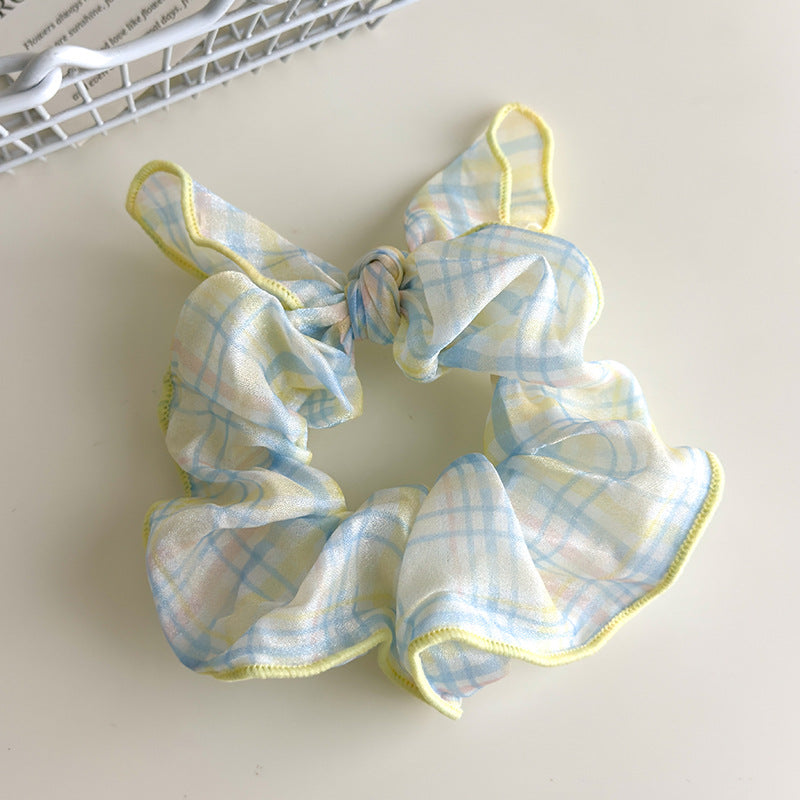 E廠-可愛奶油系淺色格子蝴蝶結大腸髮圈甜美珍珠蝴蝶結髮夾髮飾髮繩女「27114」25.06-4