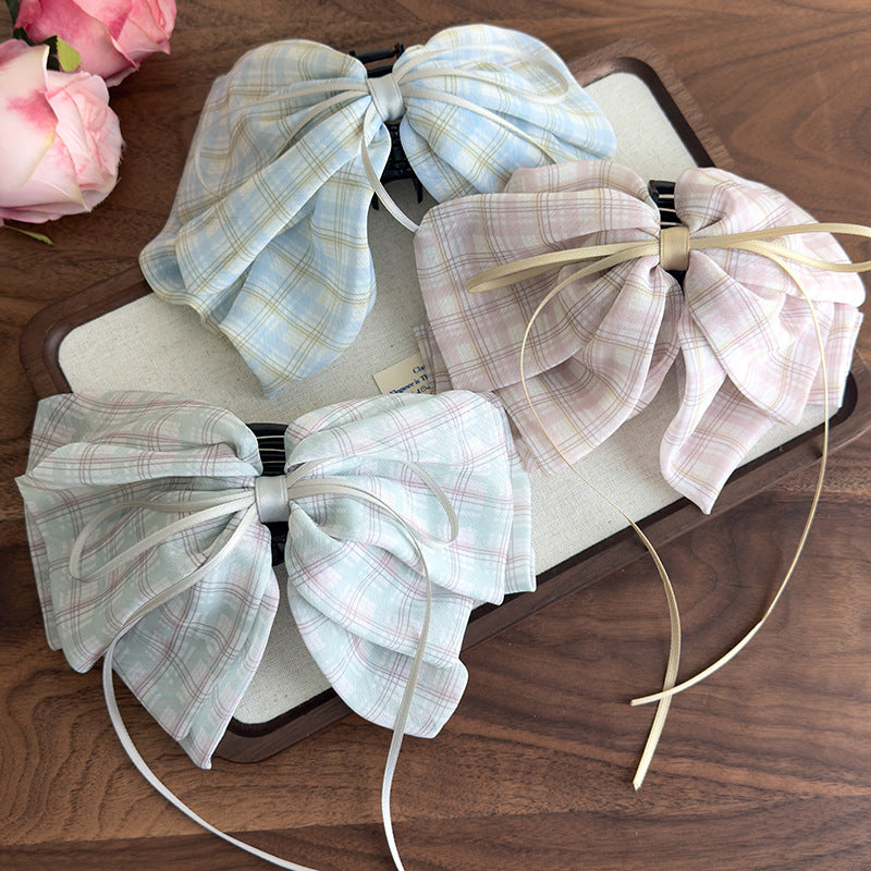 E廠-2025新款甜美格子蝴蝶結絲巾馬尾夾後腦勺夾子頭飾高級感髮飾抓夾「27132」25.06-4