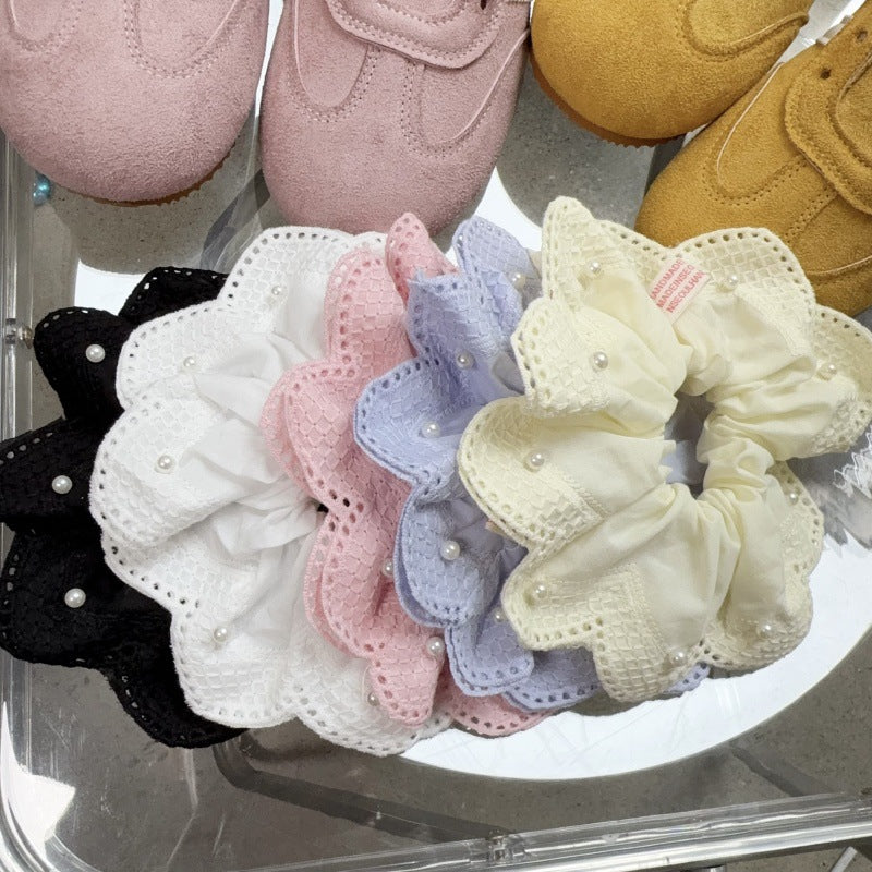 E廠-韓國小清新珍珠刺繡蕾絲大腸髮圈2025新款扎馬尾氣質髮飾丸子頭繩「27076」25.06-3