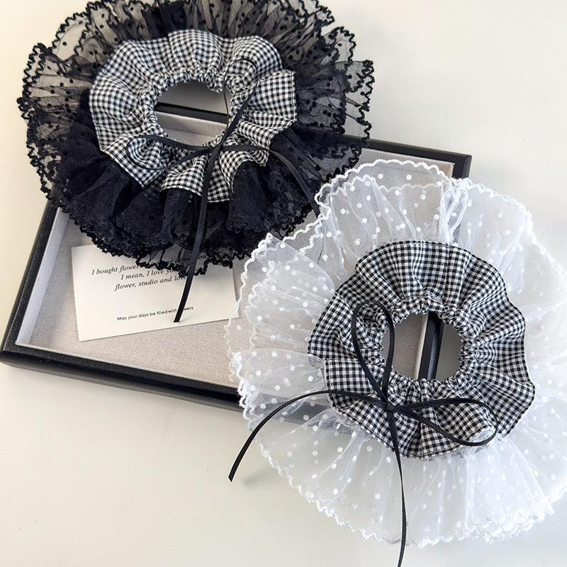 E廠-蕾絲花邊法式浪漫大腸髮圈超仙大號格子拼接髮繩洛麗塔甜妹頭繩女「26666」25.03-3