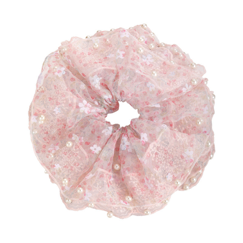 E廠-超仙蕾絲花朵珍珠大腸髮圈女高端大腸頭繩耐用皮筋精緻扎頭髮髮飾「27127」25.06-4