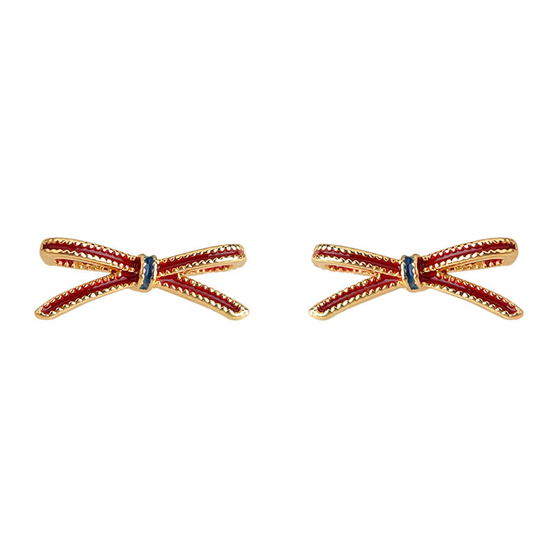 A廠-時尚簡約輕奢風高級感925銀針迷你小巧酒紅色蝴蝶結通勤耳飾 耳釘「6909」25.10-2