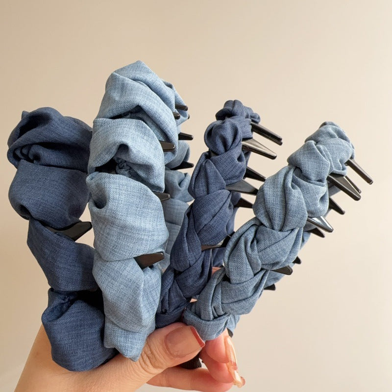 E廠-正反兩戴牛仔藍波浪帶齒高顱頂髮箍壓髮洗臉頭箍防滑碎髮整理神器「27107」25.06-4