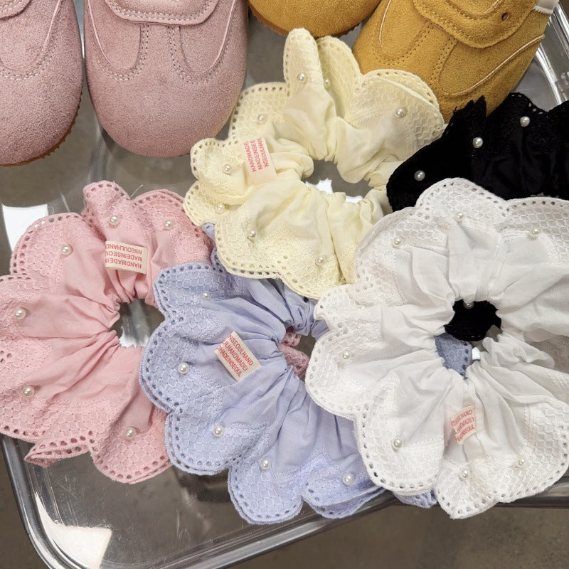 E廠-韓國小清新珍珠刺繡蕾絲大腸髮圈2025新款扎馬尾氣質髮飾丸子頭繩「27076」25.06-3