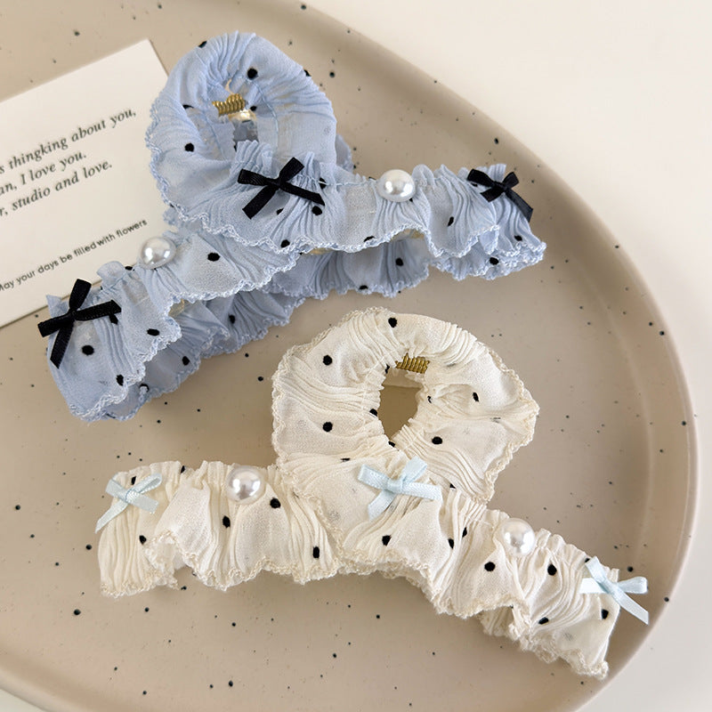 E廠-溫柔芭蕾風波點抓夾裙擺褶皺珍珠壓克力髮夾鯊魚夾後腦勺髮抓髮飾「26905」25.05-2