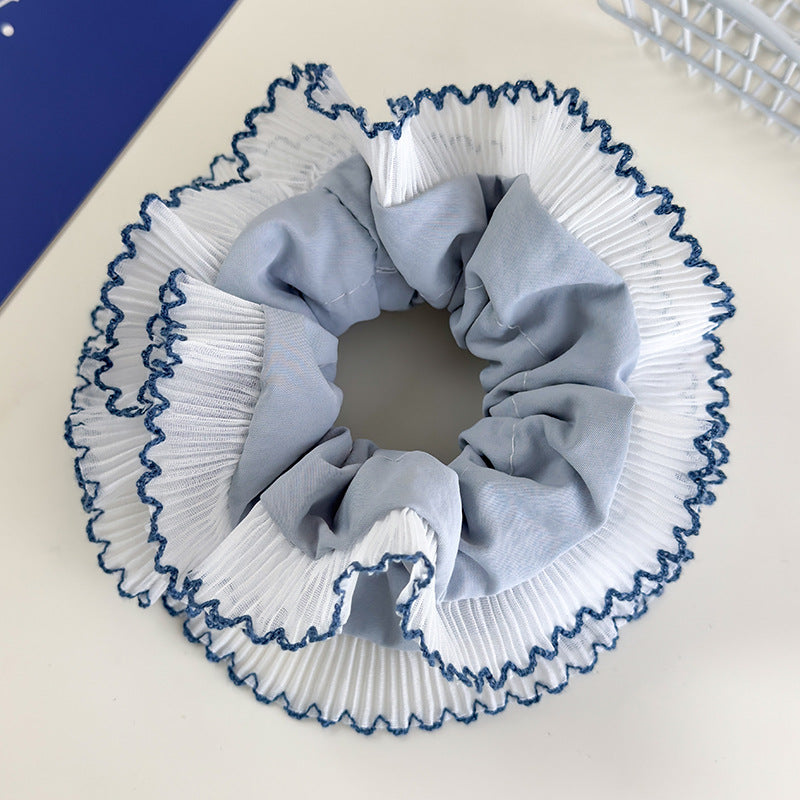 E廠-藍色系格子大腸髮圈雙層蕾絲花邊丸子頭馬尾髮繩甜美小清新髮飾「26437 26844」25.05-1