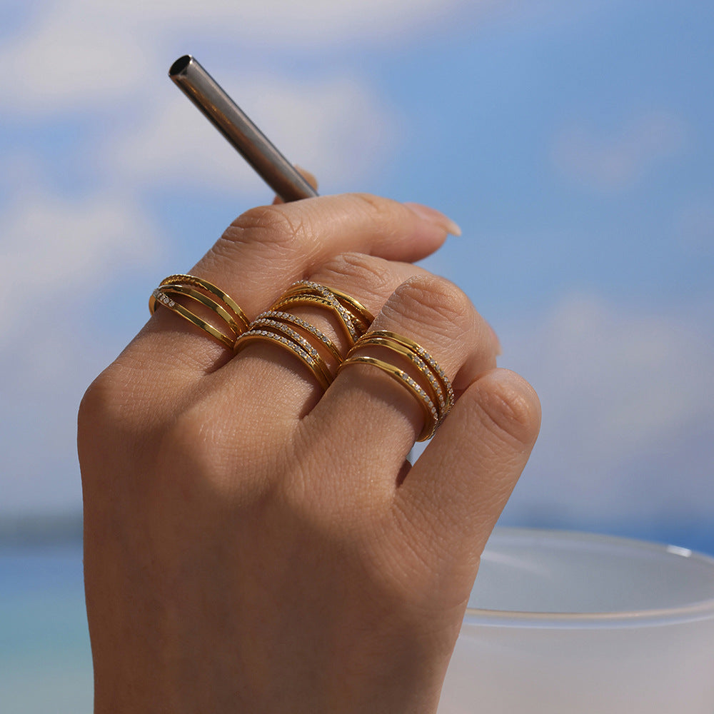 B廠-5A鋯石超細三層戒指不鏽鋼真空電鍍18K真金開口可調節飾品「A035-A043」25.04-4